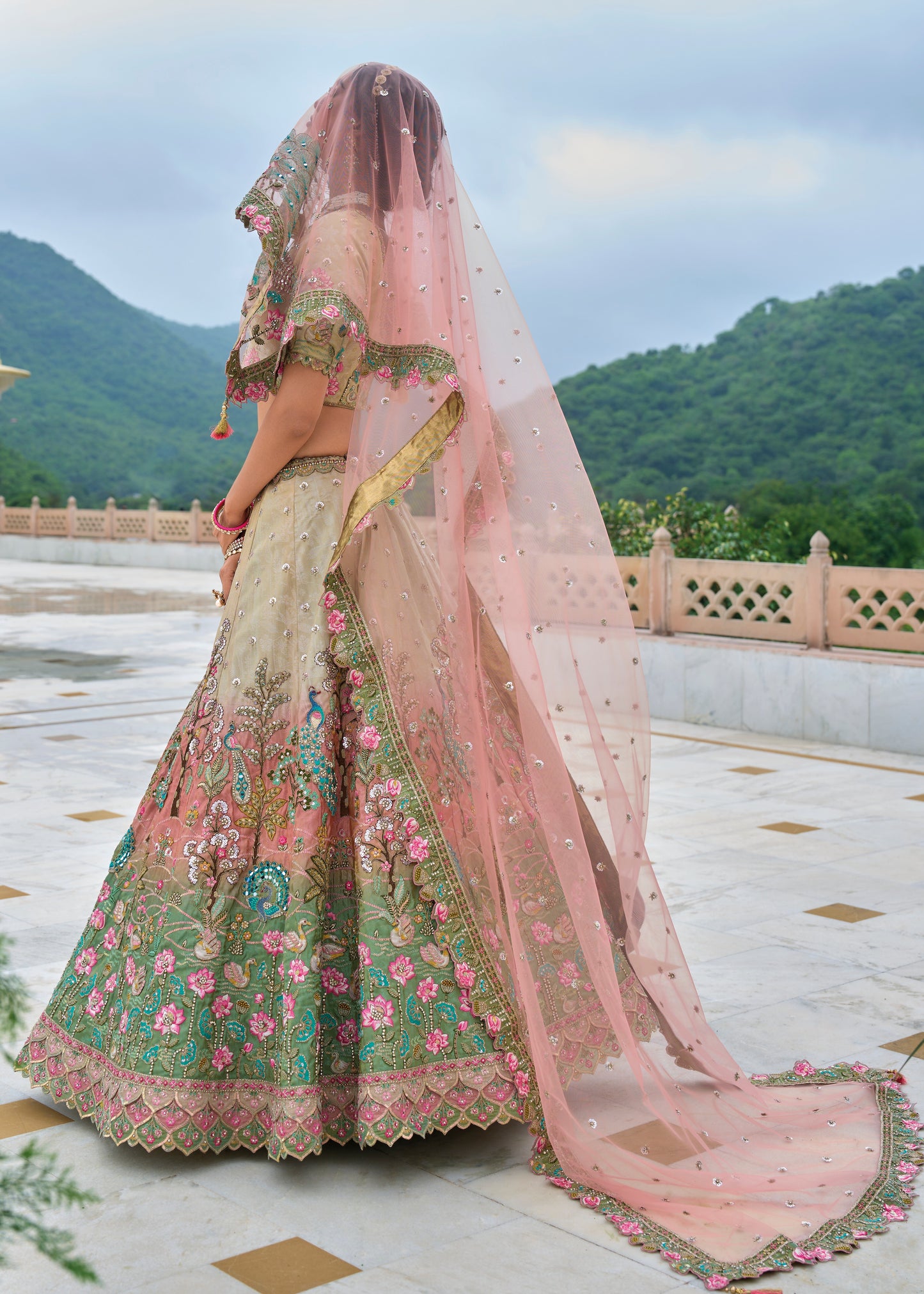 Cream and Multicolor Banarasi Silk Lehenga Choli