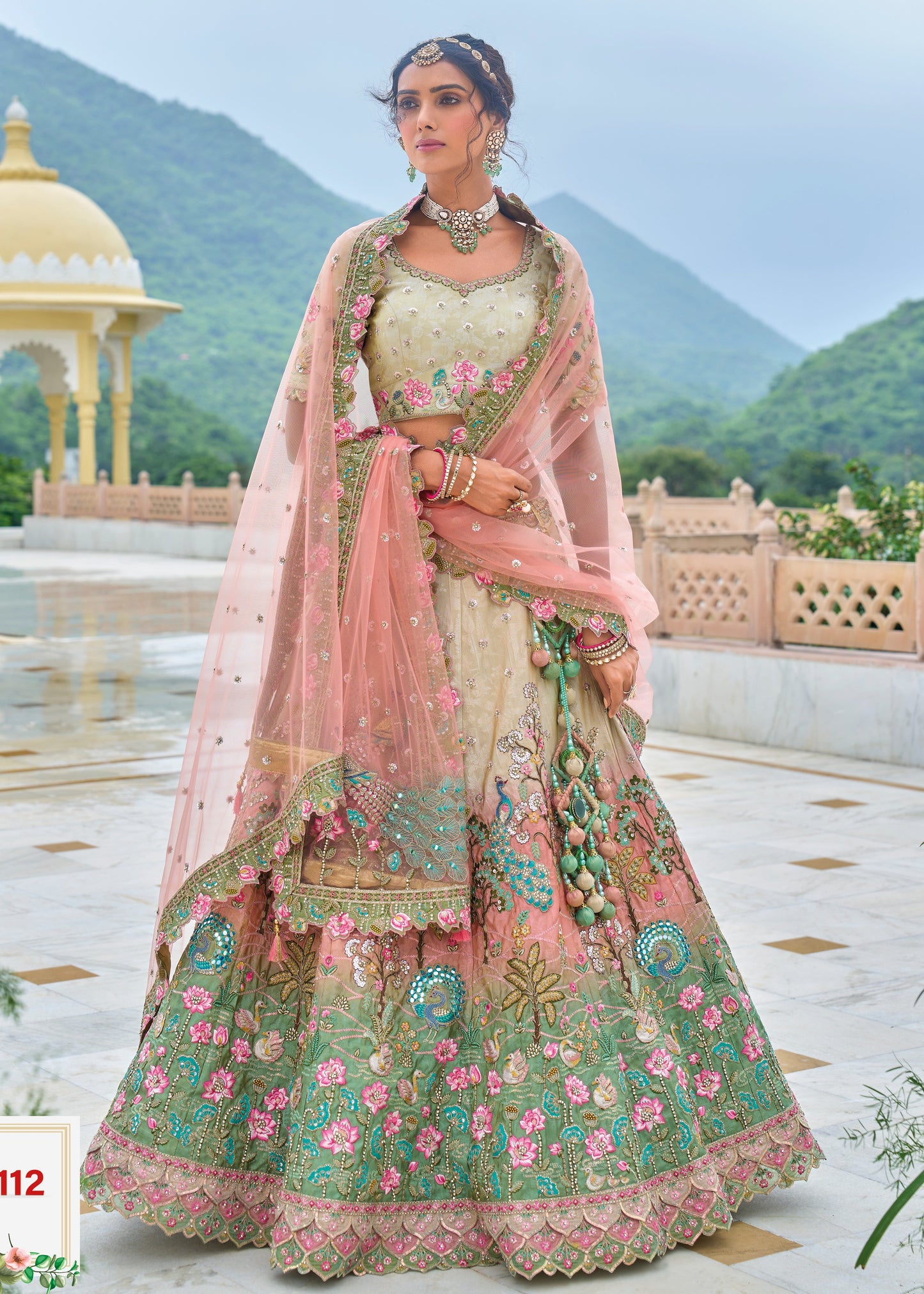 Cream and Multicolor Banarasi Silk Lehenga Choli