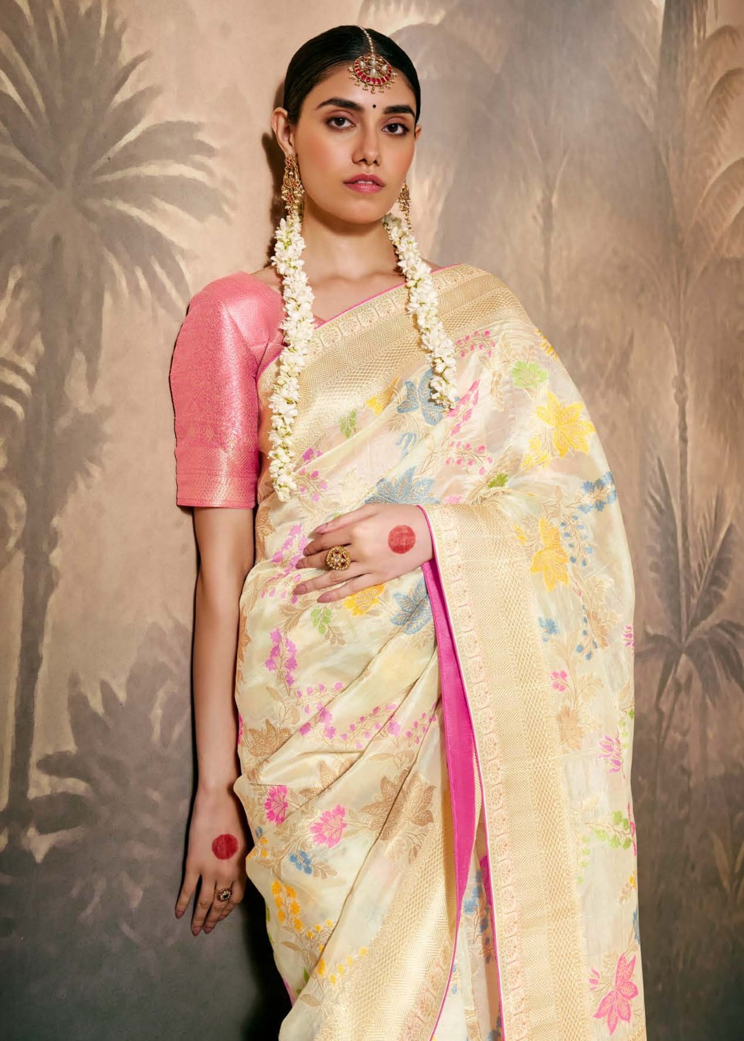 Banarasi Silk Off White Handloom Saree with Contrast Pink Blouse