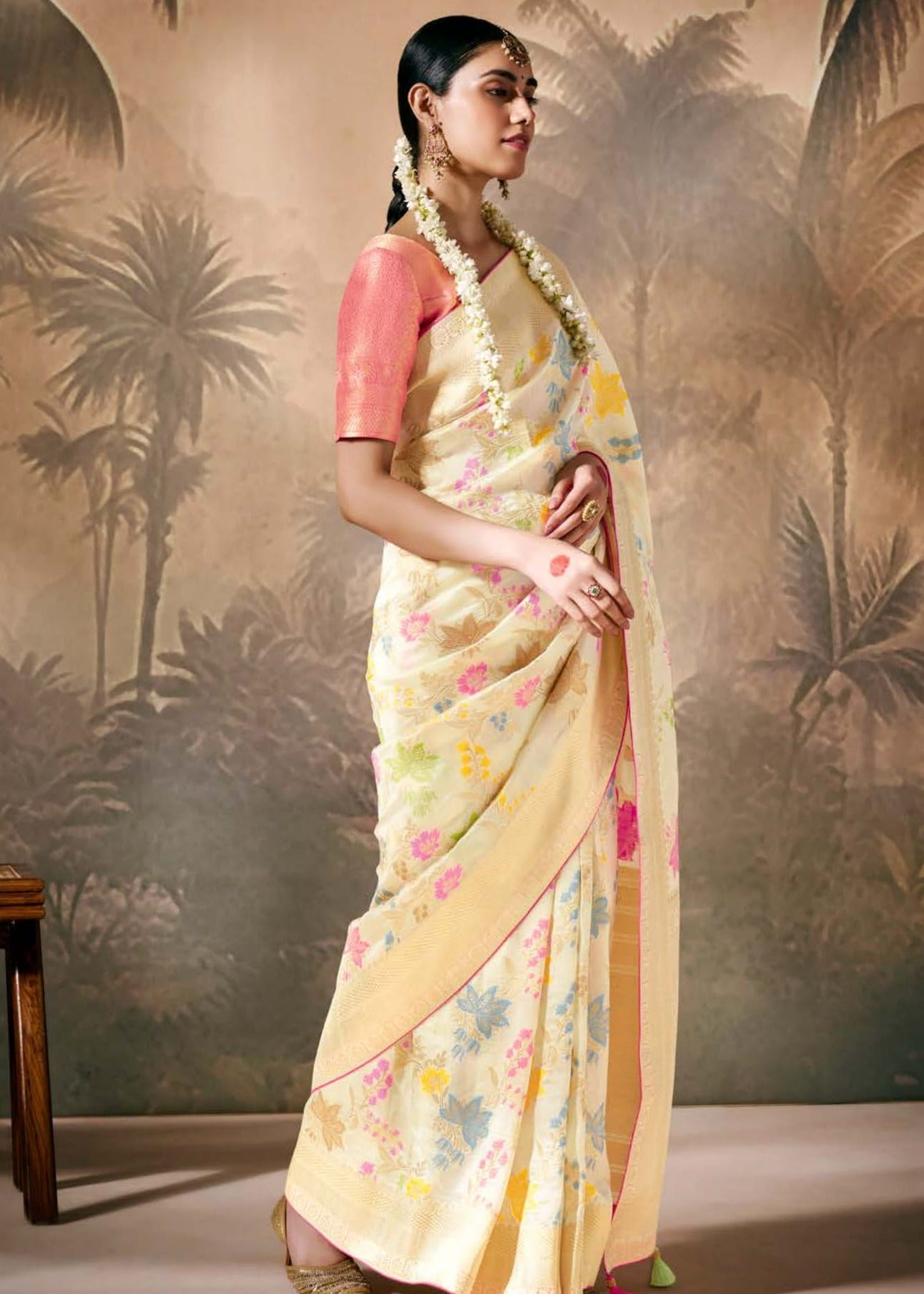 Banarasi Silk Off White Handloom Saree with Contrast Pink Blouse