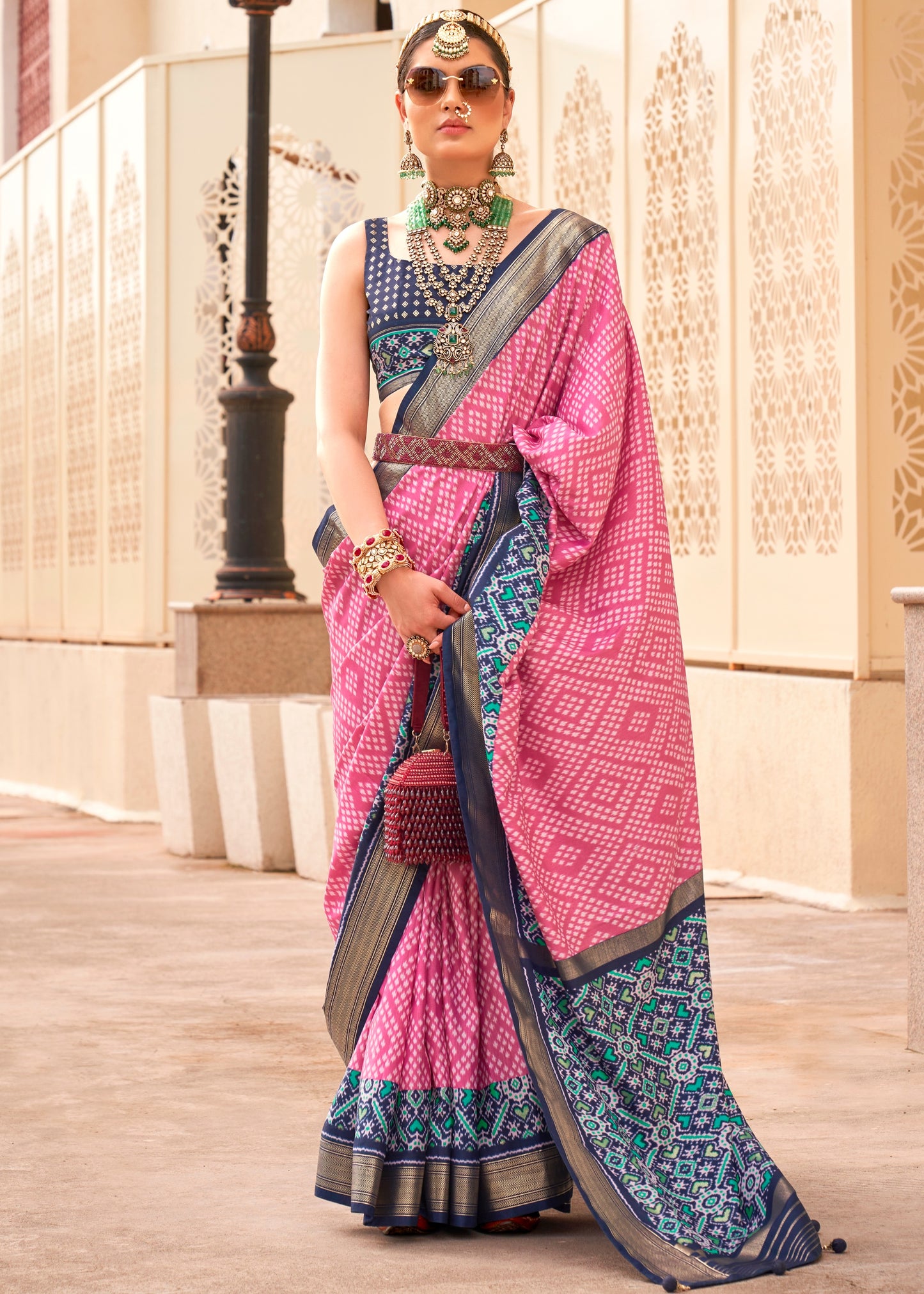 Pastel Pink Patola Silk Saree With Contrast Blue Blouse