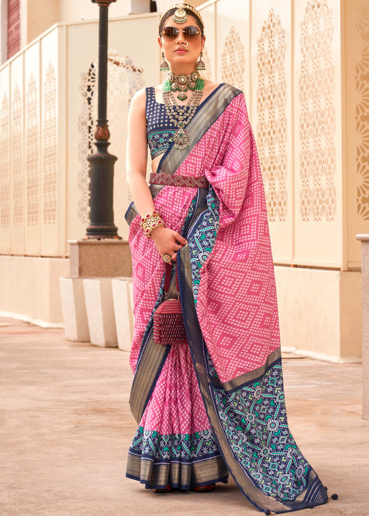 Pastel Pink Patola Silk Saree With Contrast Blue Blouse