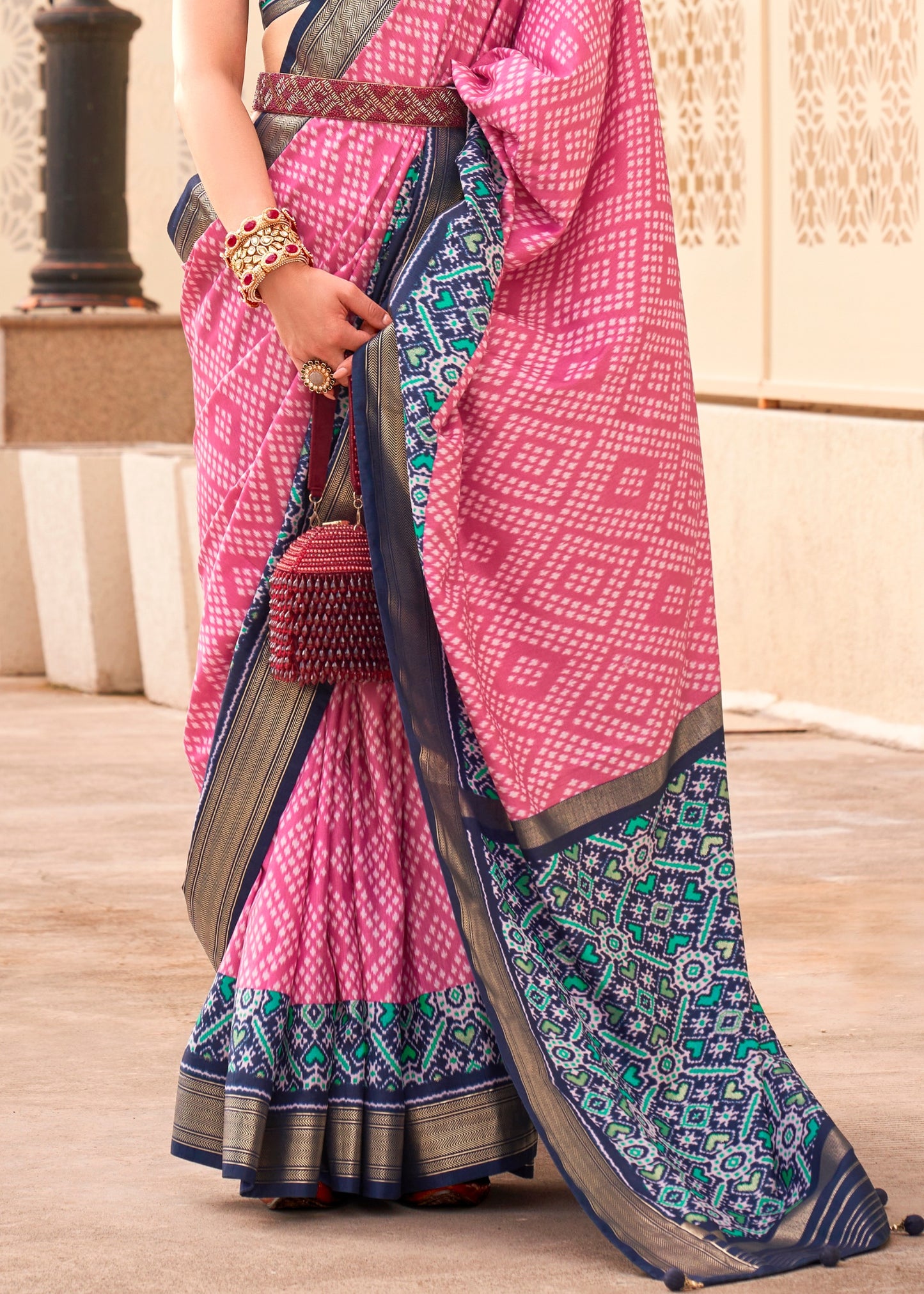 Pastel Pink Patola Silk Saree With Contrast Blue Blouse