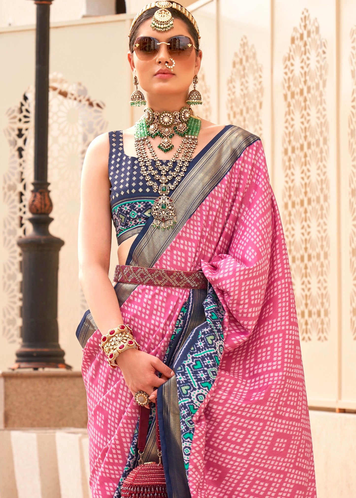 Pastel Pink Patola Silk Saree With Contrast Blue Blouse