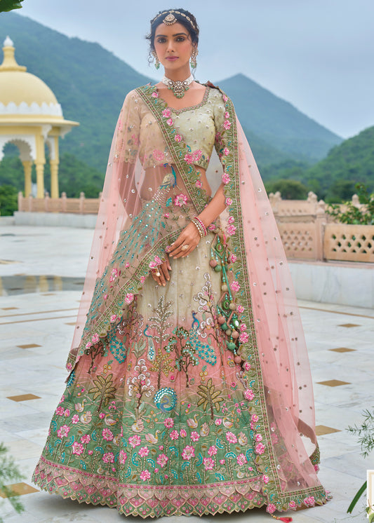 Cream and Multicolor Banarasi Silk Lehenga Choli