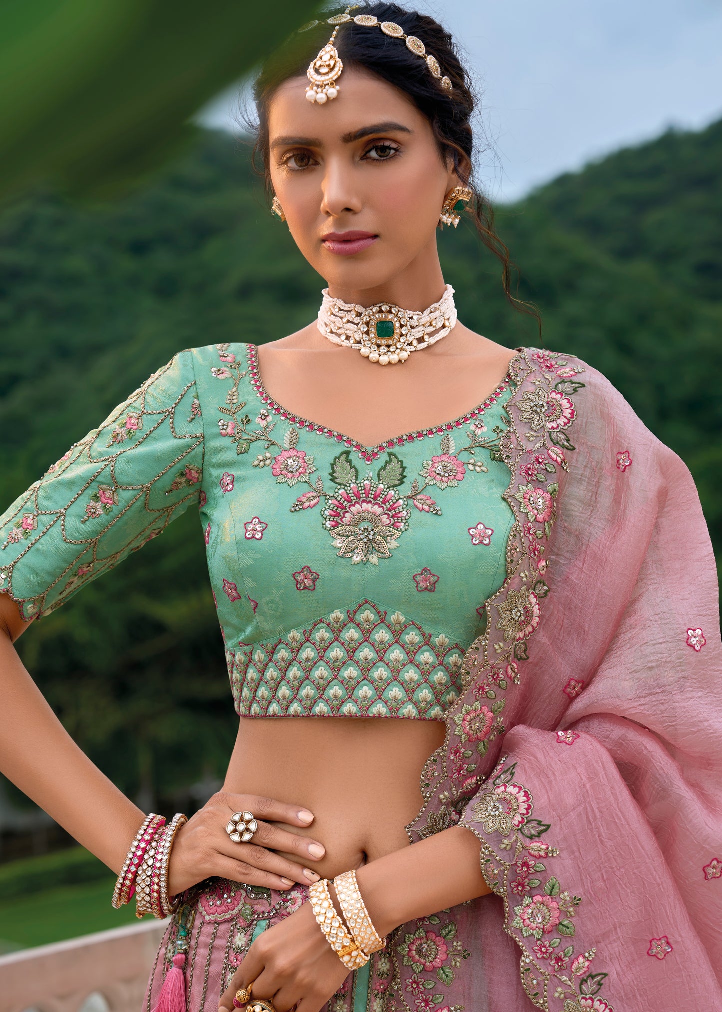 Pastel Blue and Pastel Pink Banarasi Silk Lehenga Choli