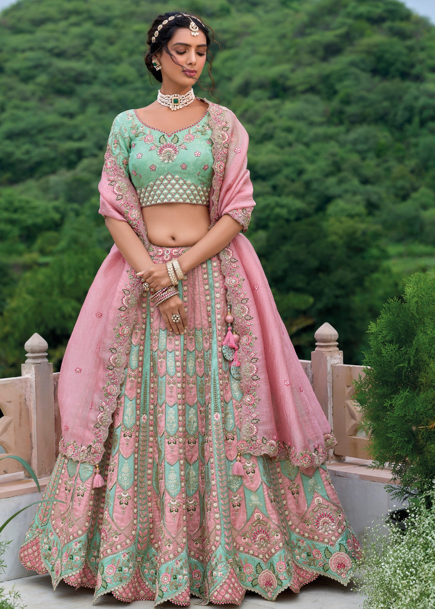 Pastel Blue and Pastel Pink Banarasi Silk Lehenga Choli