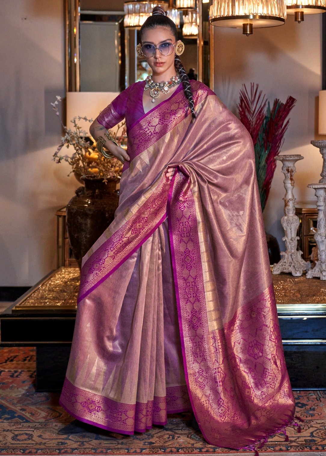 Banarasi Tissue Silk Pink Zari Saree