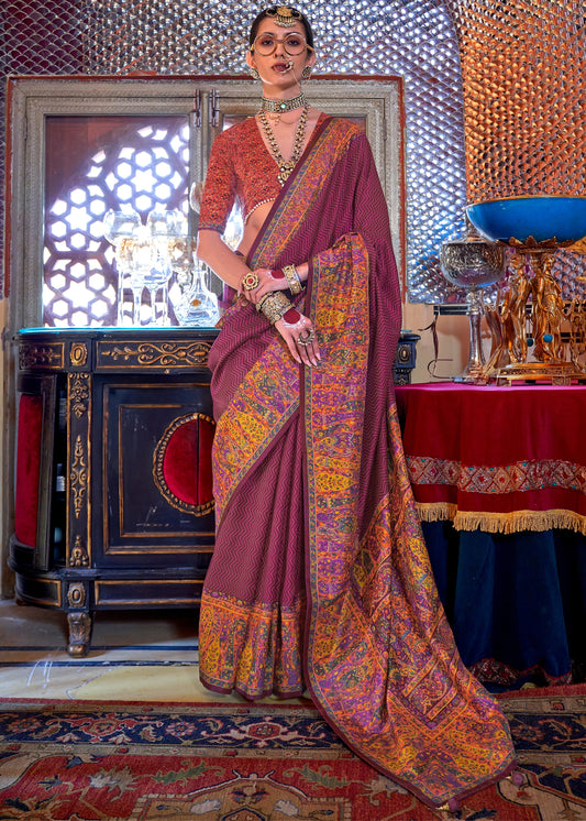 Designer Handwoven Silk Maroon Red Printed Saree