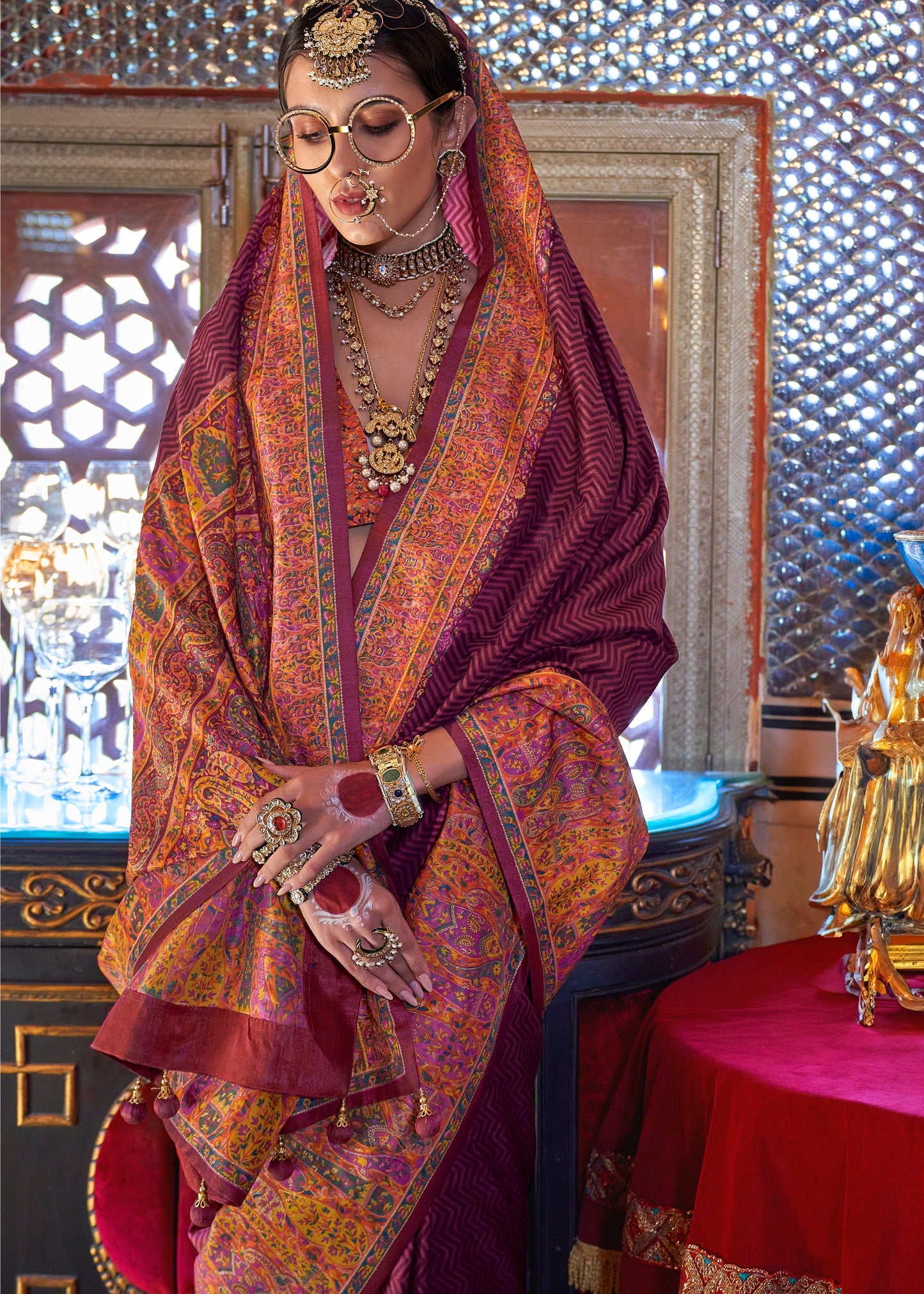 Designer Handwoven Silk Maroon Red Printed Saree