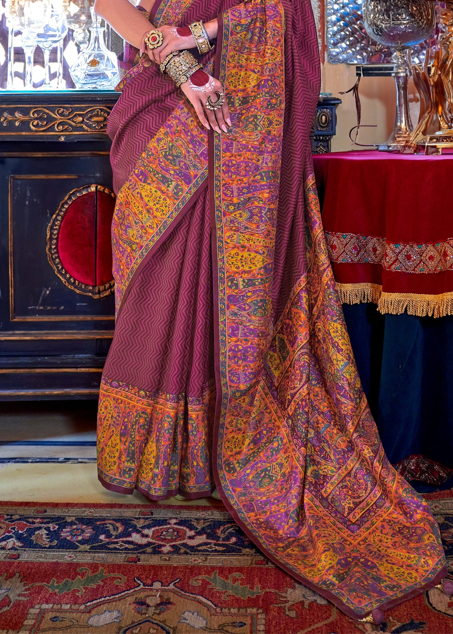 Designer Handwoven Silk Maroon Red Printed Saree