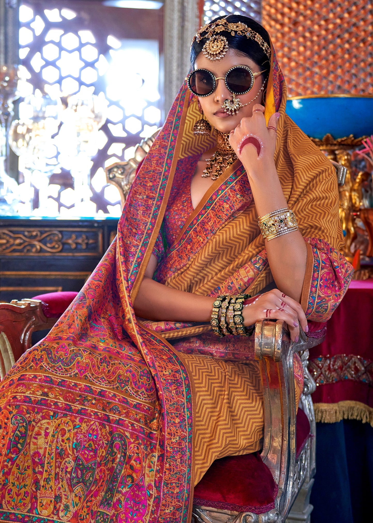 Designer Handwoven Silk Mustard Yellow Printed Saree