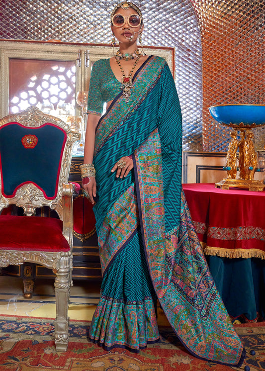 Designer Handwoven Silk Blue Printed Saree