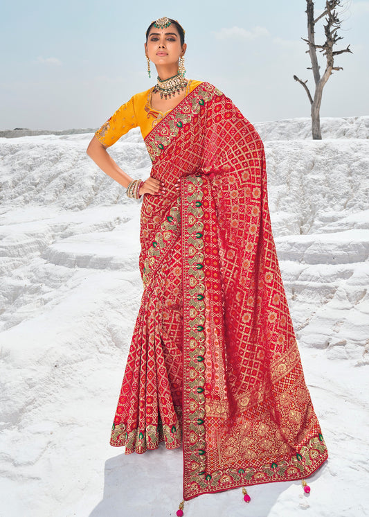 Red Khaddi Georgette Banarasi Bandhani Saree With Handwork Embroidery