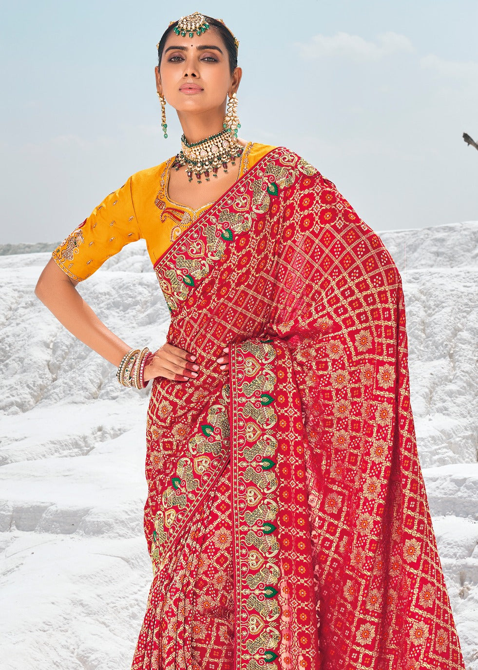 Red Khaddi Georgette Banarasi Bandhani Saree With Handwork Embroidery