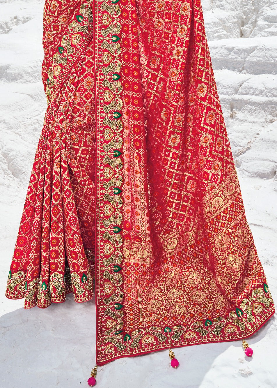 Red Khaddi Georgette Banarasi Bandhani Saree With Handwork Embroidery