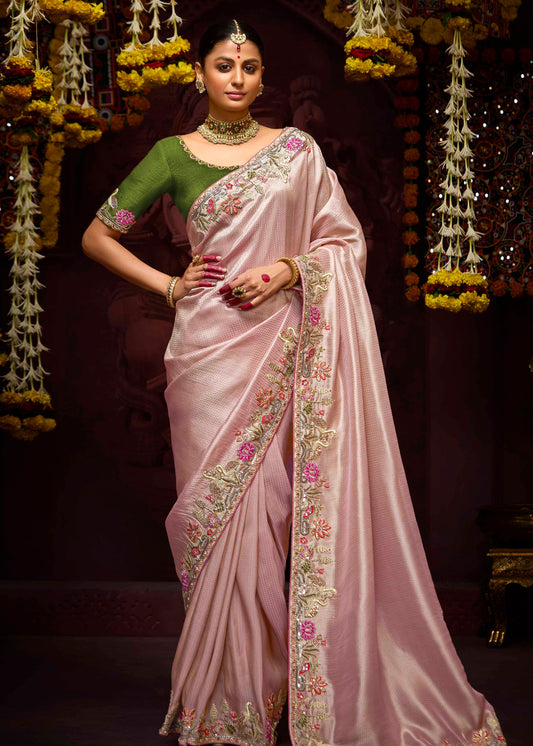 Banarasi Silk Powder Pink Handwork Embroidery Saree