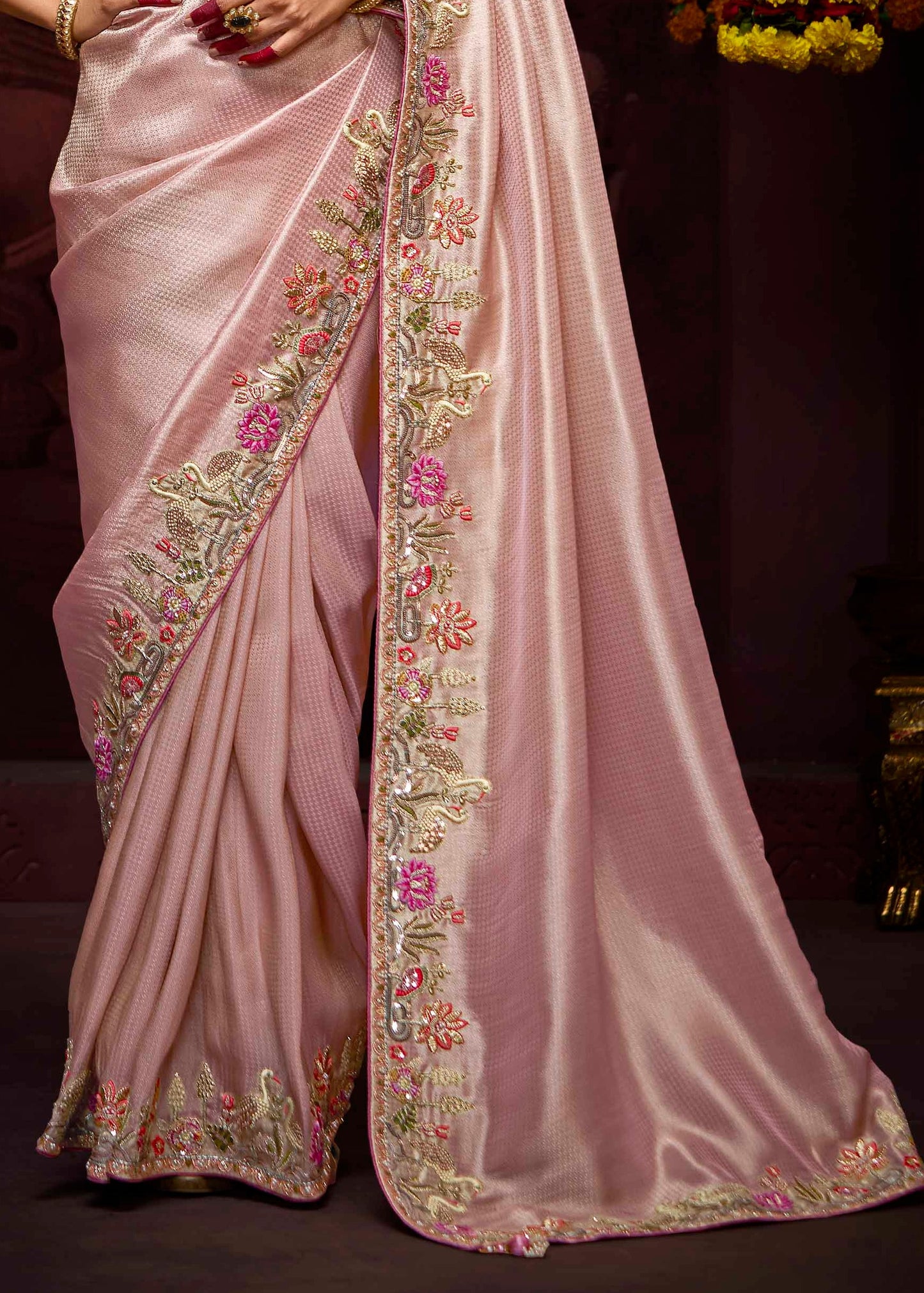 Banarasi Silk Powder Pink Handwork Embroidery Saree