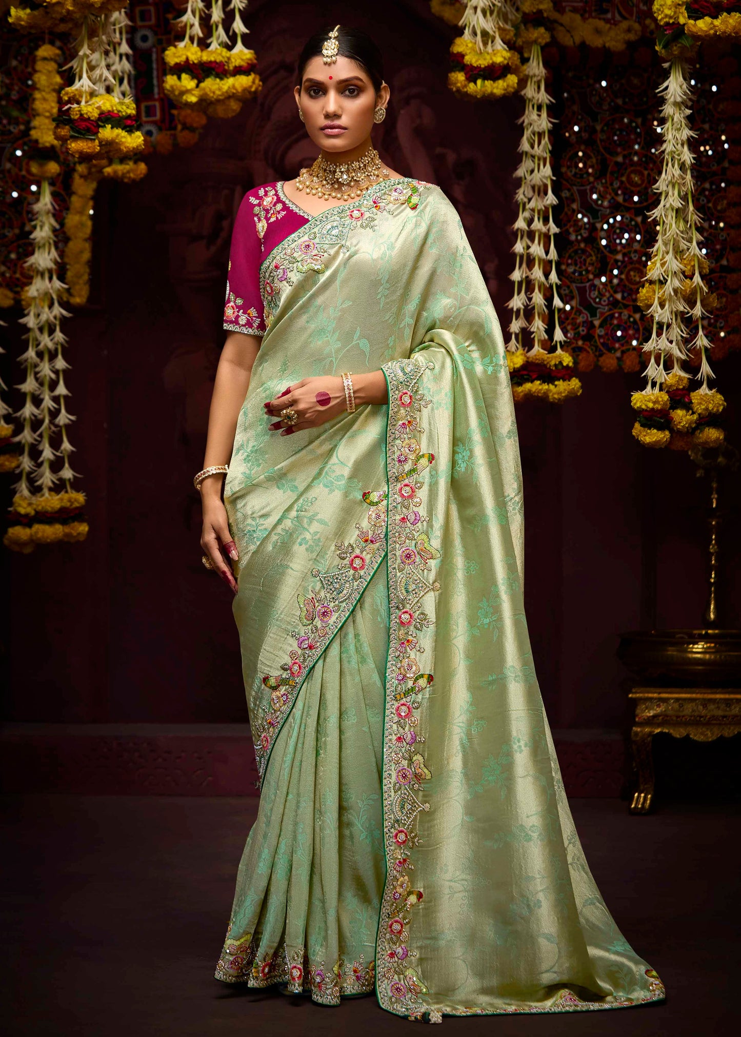 Banarasi Silk Pista Green Handwork Embroidery Saree