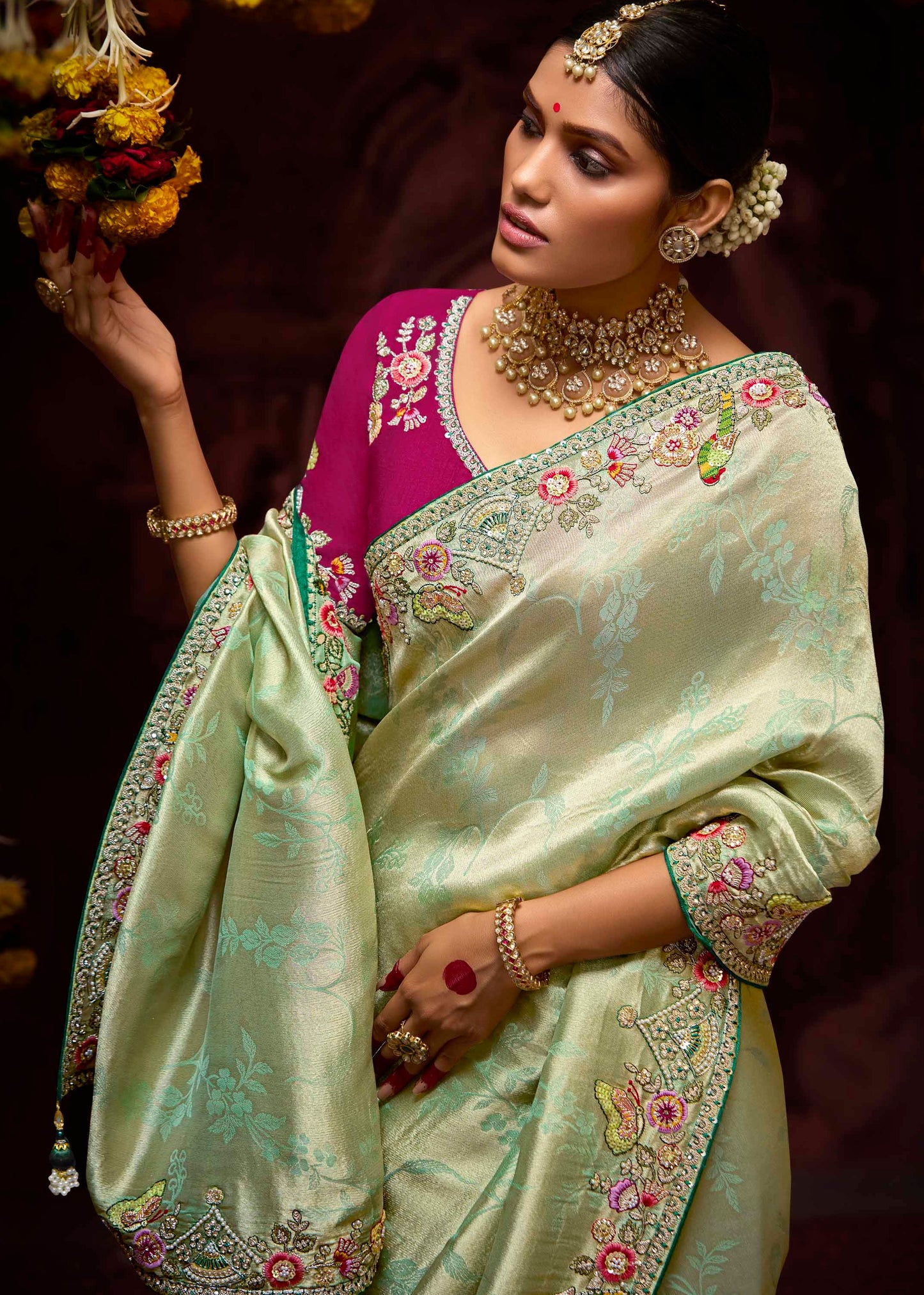 Banarasi Silk Pista Green Handwork Embroidery Saree