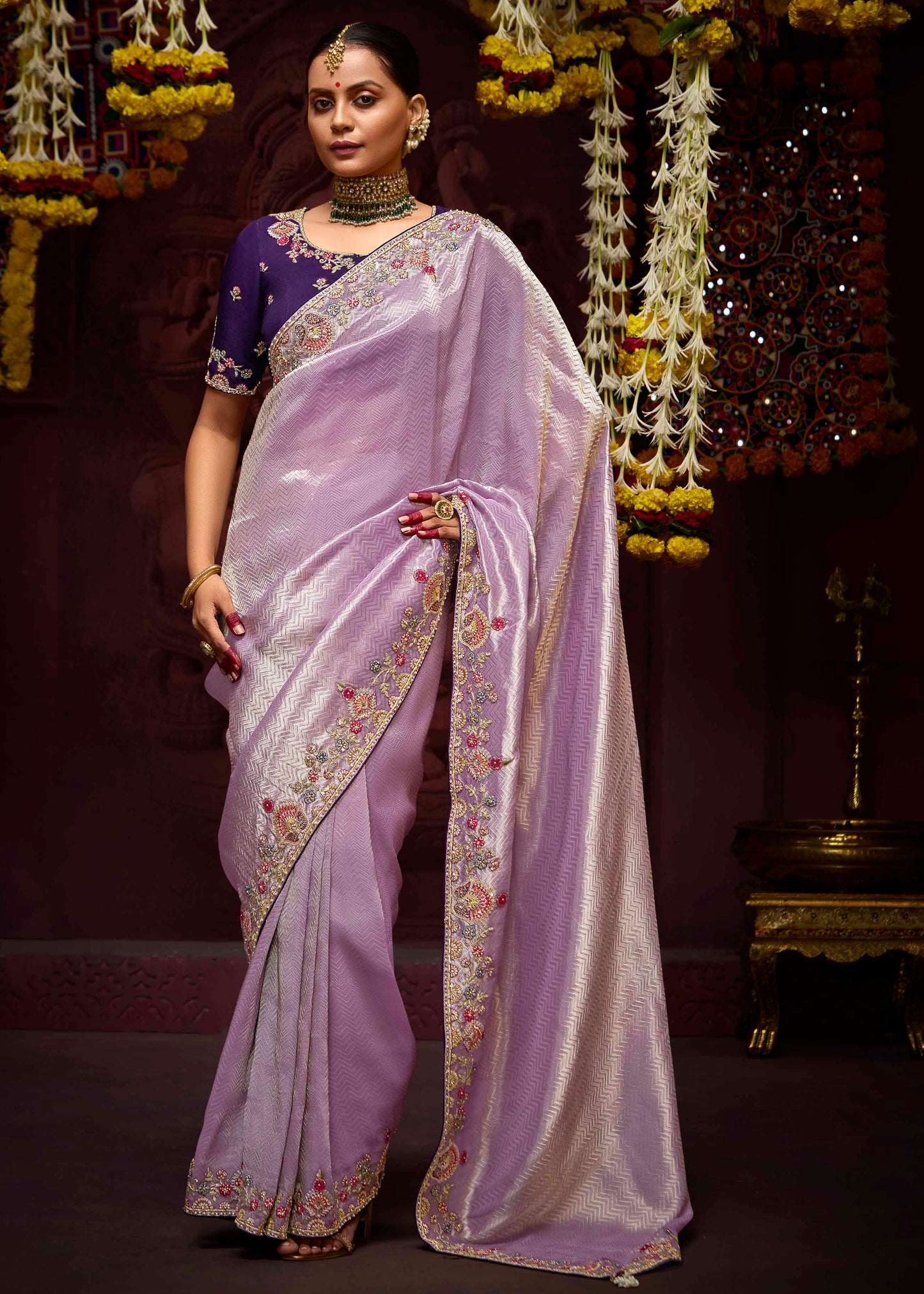 Banarasi Silk Lavender Purple Handwork Embroidery Saree