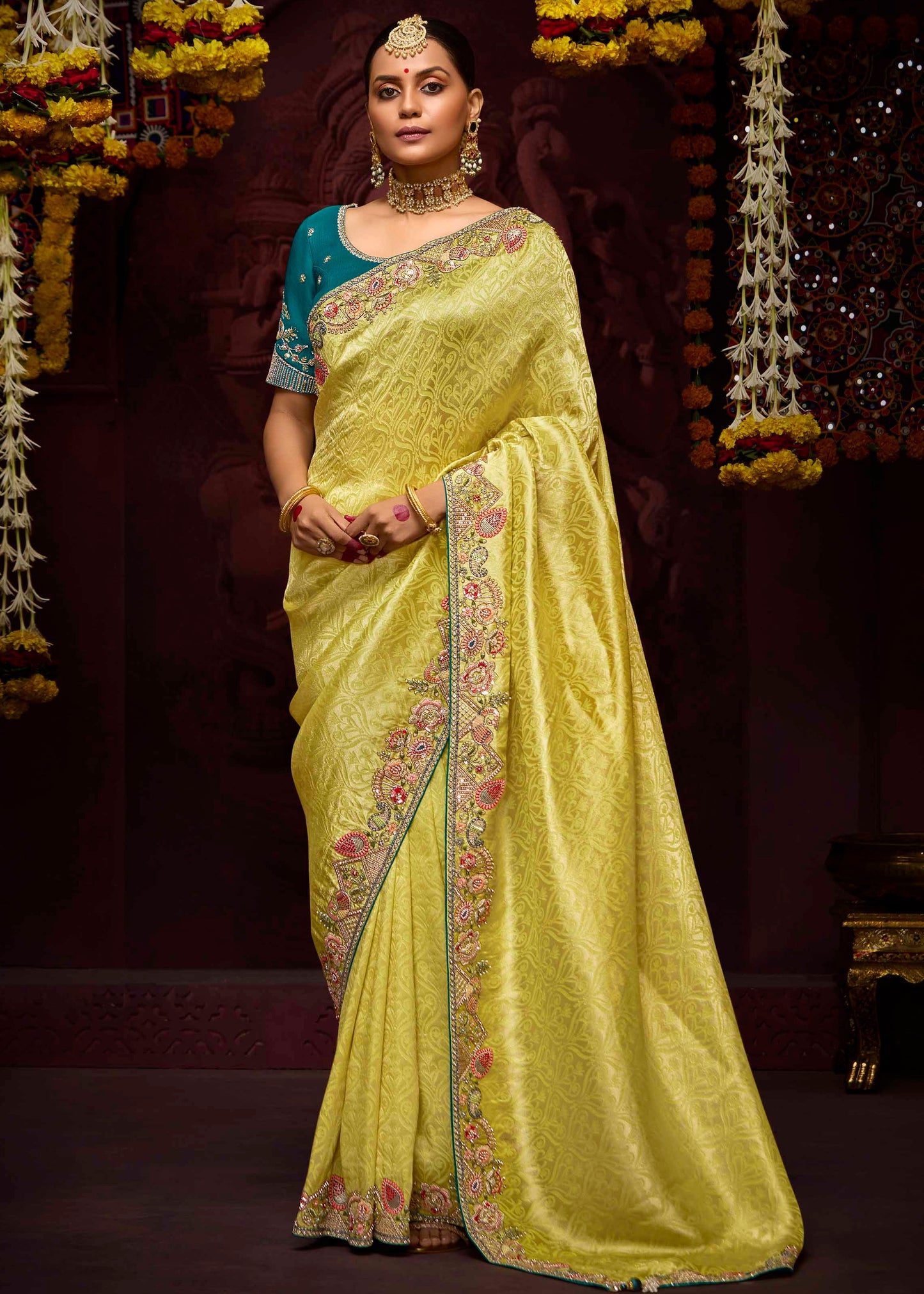 Banarasi Silk Yellow and Green Handwork Embroidery Saree