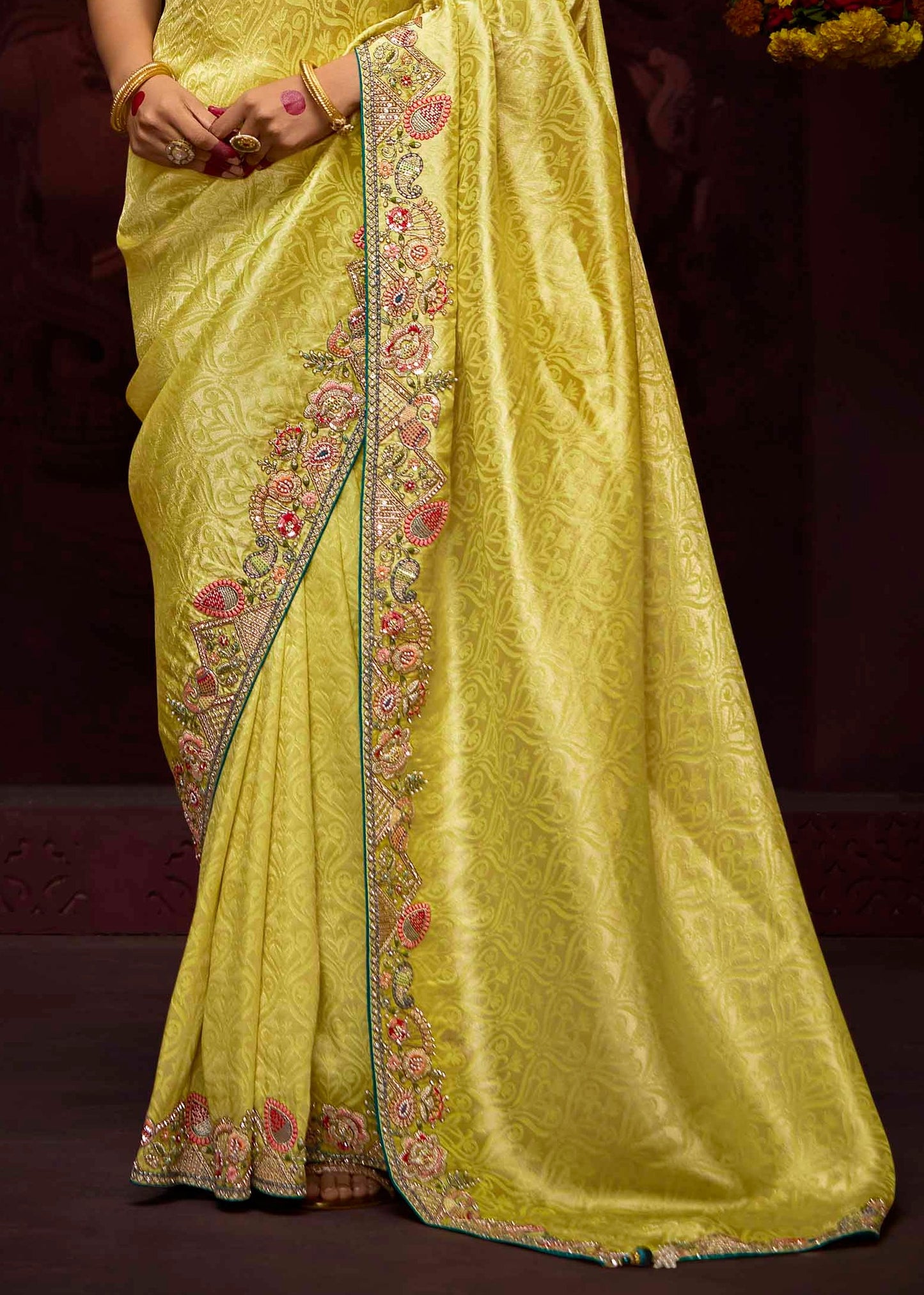 Banarasi Silk Yellow and Green Handwork Embroidery Saree