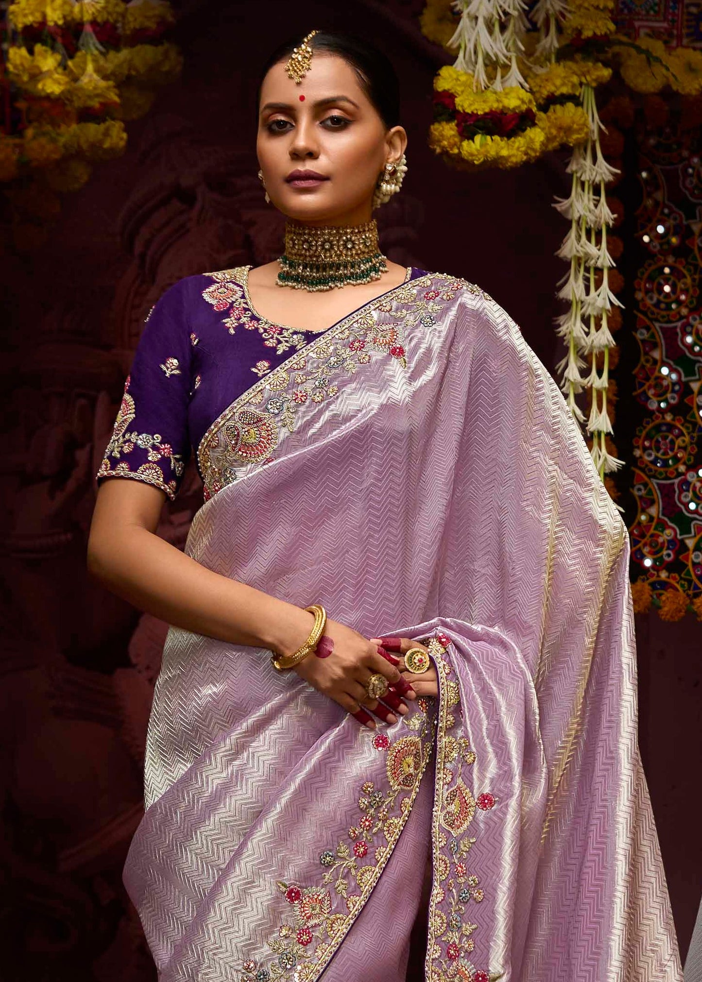 Banarasi Silk Lavender Purple Handwork Embroidery Saree