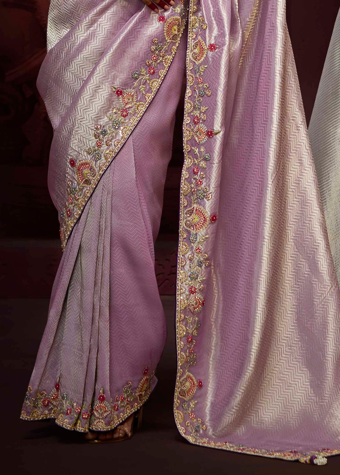 Banarasi Silk Lavender Purple Handwork Embroidery Saree