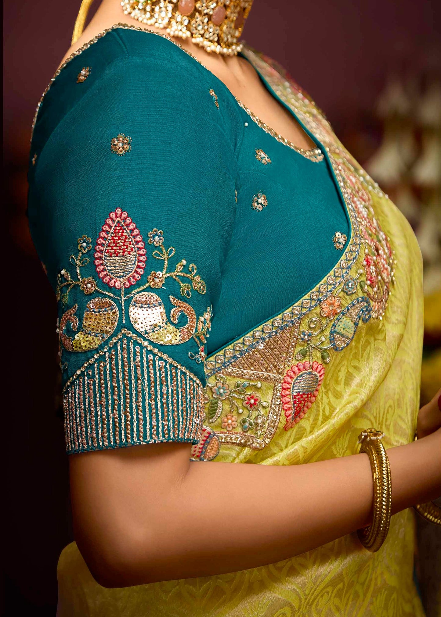 Banarasi Silk Yellow and Green Handwork Embroidery Saree