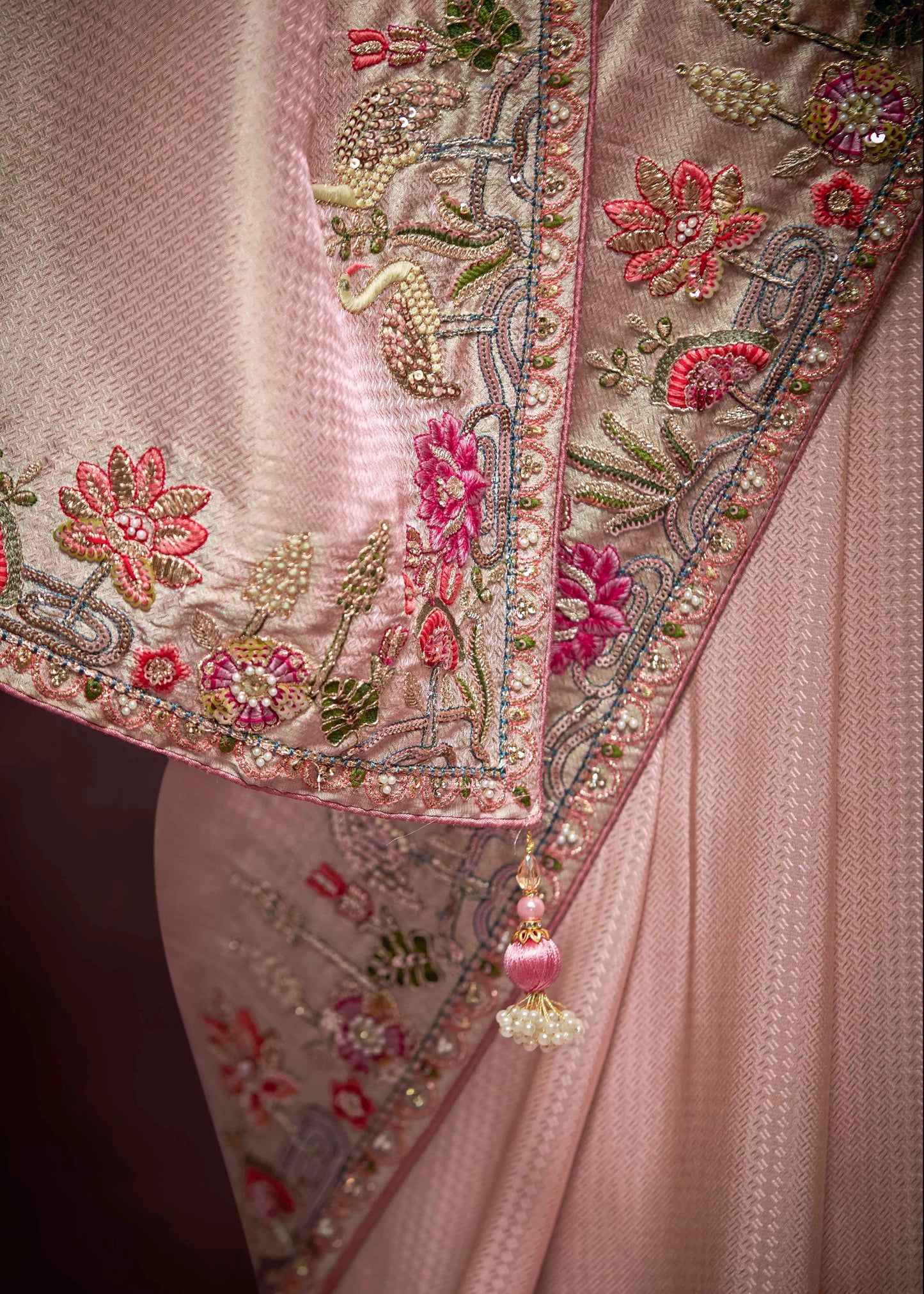 Banarasi Silk Powder Pink Handwork Embroidery Saree