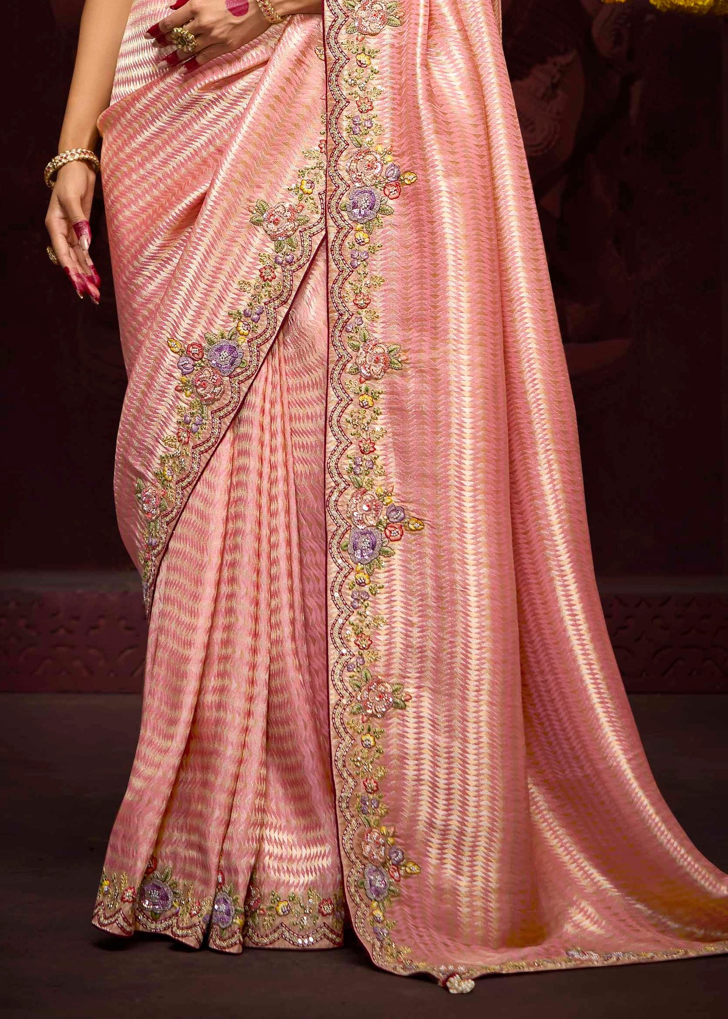 Banarasi Silk Peach Handwork Embroidery Saree