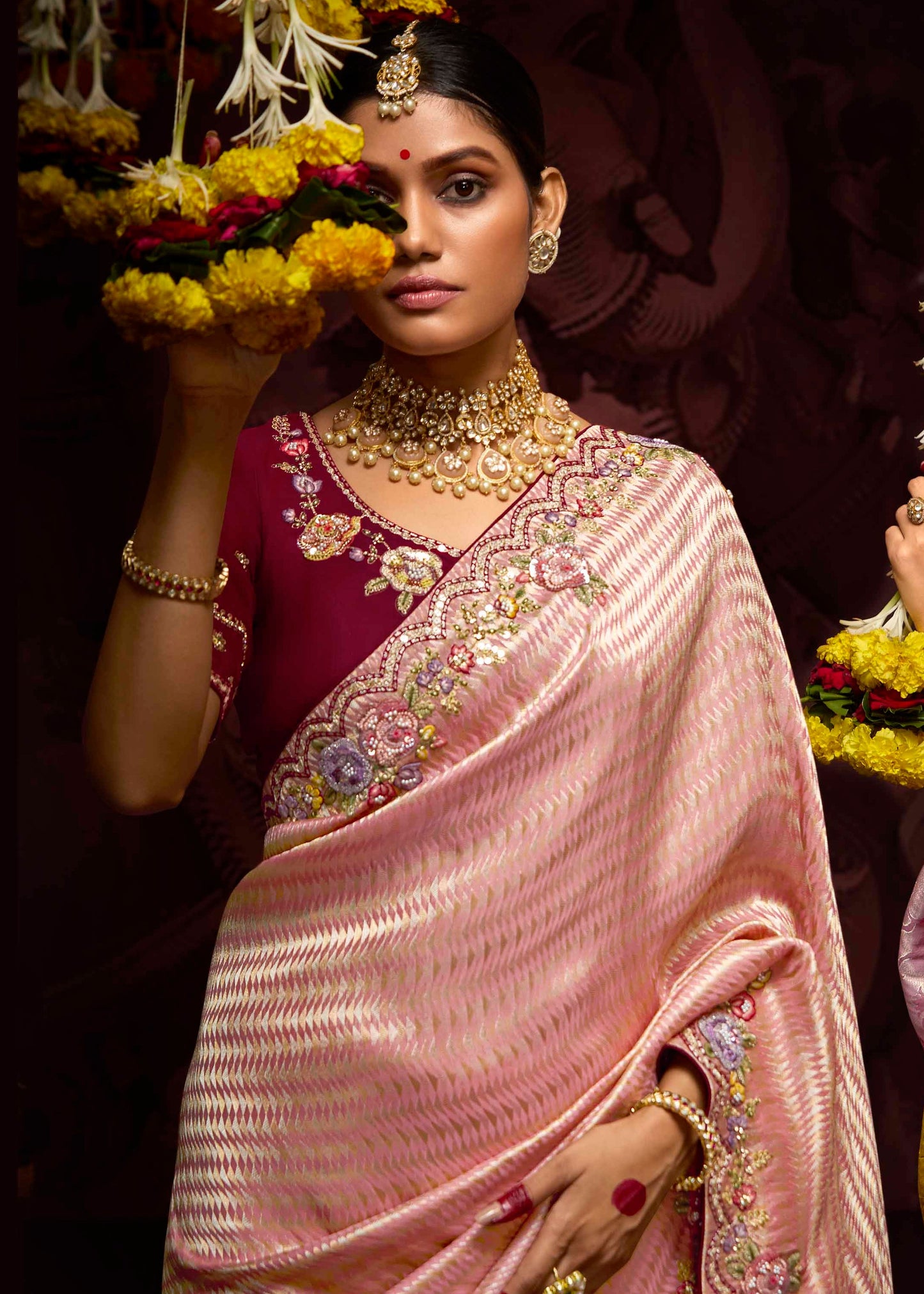 Banarasi Silk Peach Handwork Embroidery Saree