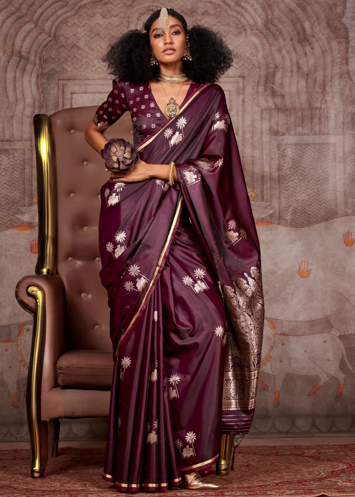 Pure Handloom Banarasi Satin Silk Wine Maroon Saree