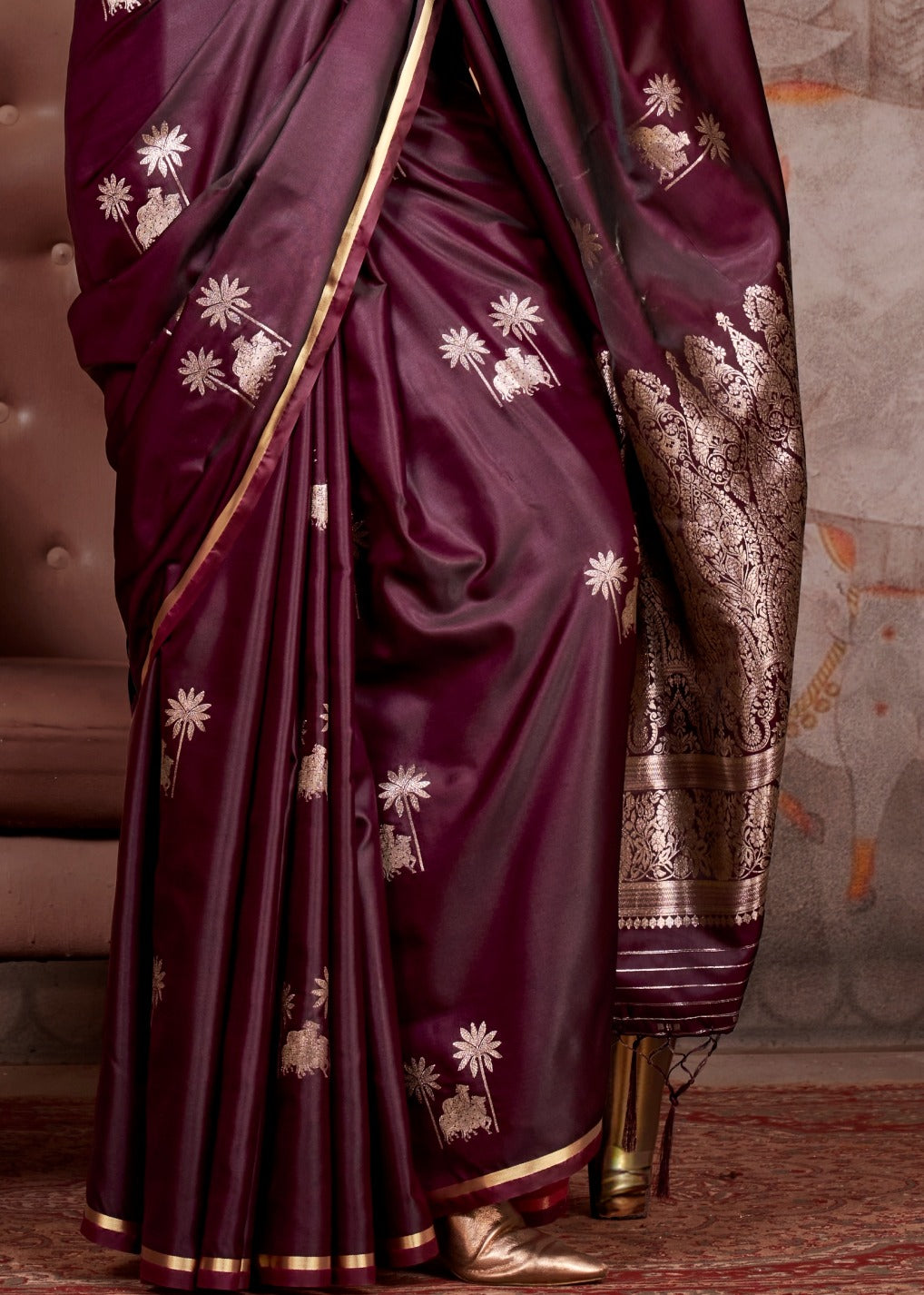 Pure Handloom Banarasi Satin Silk Wine Maroon Saree