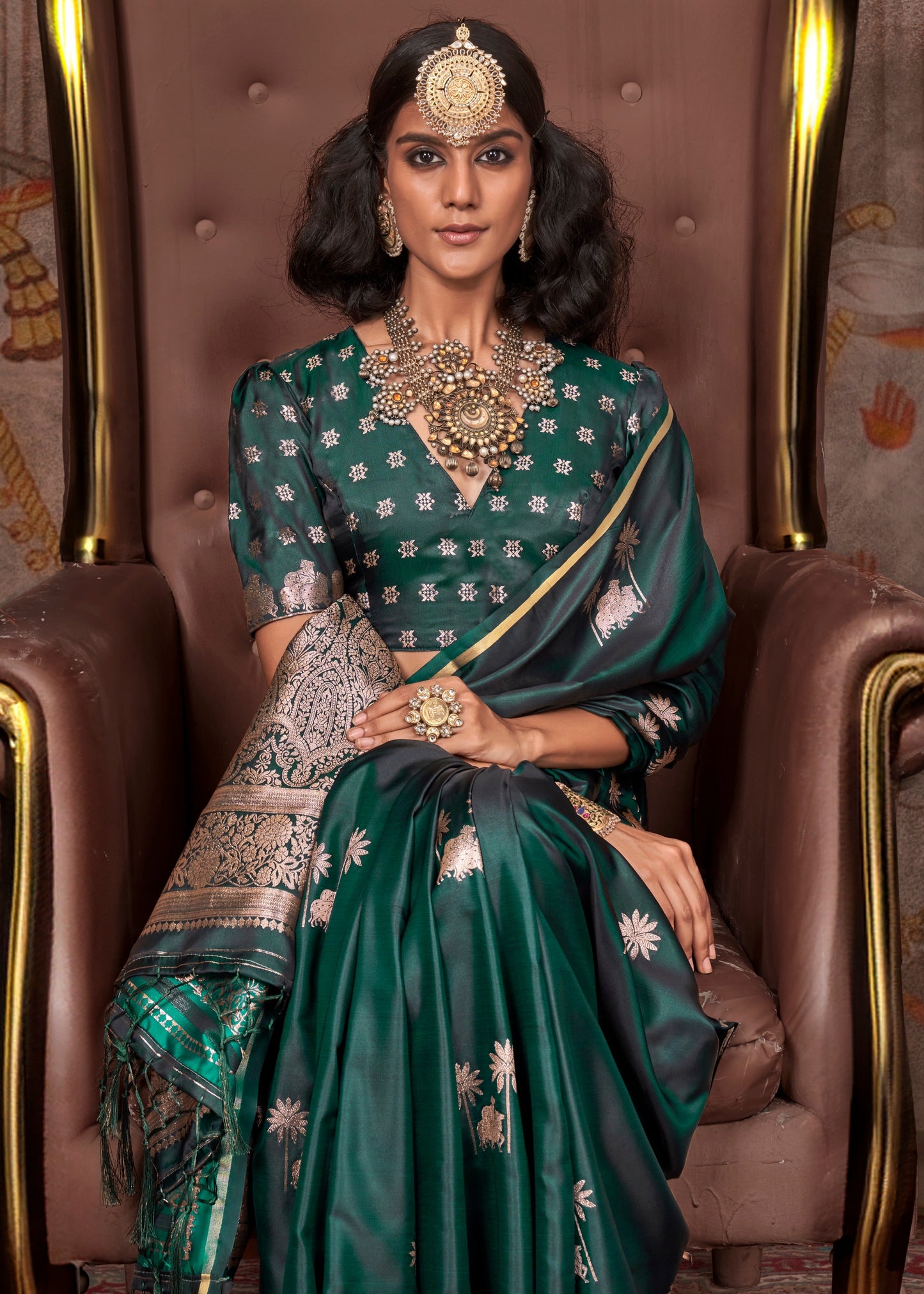 Pure Handloom Banarasi Satin Silk Dark Green Saree