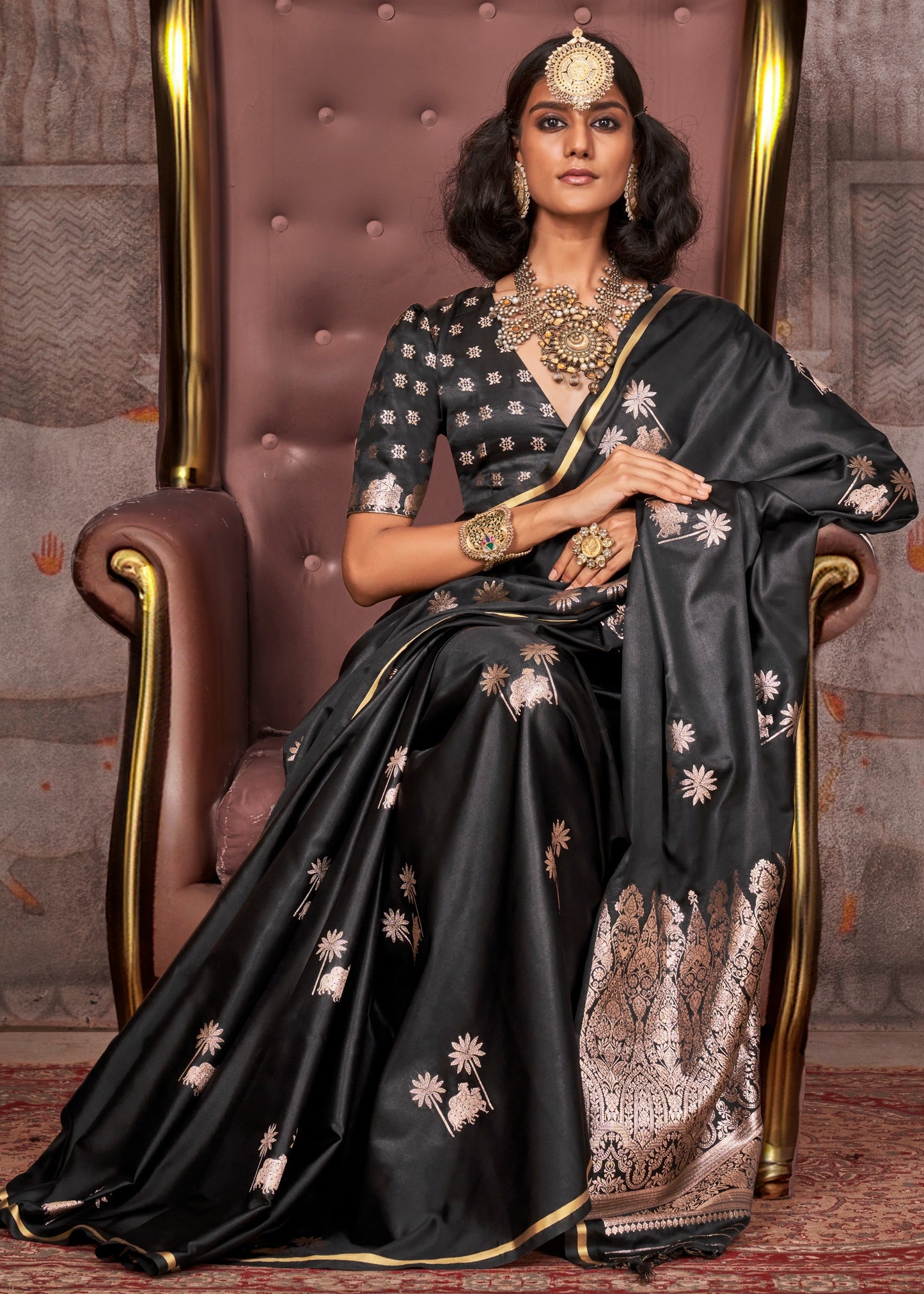 Pure Handloom Banarasi Satin Silk Jet Black Saree