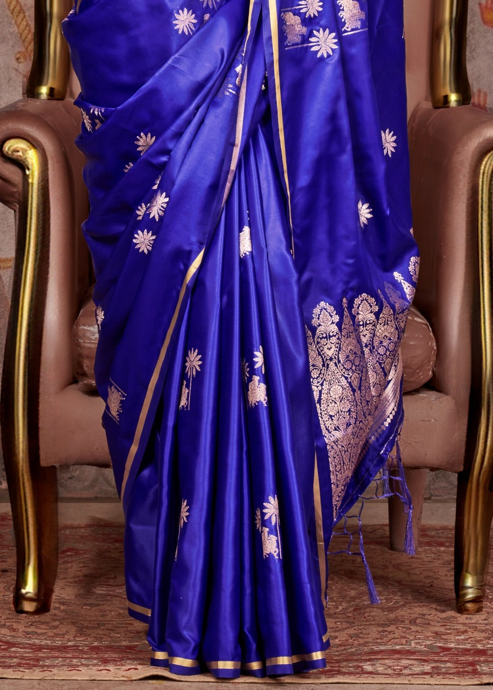 Pure Handloom Banarasi Satin Silk Indigo Blue Saree