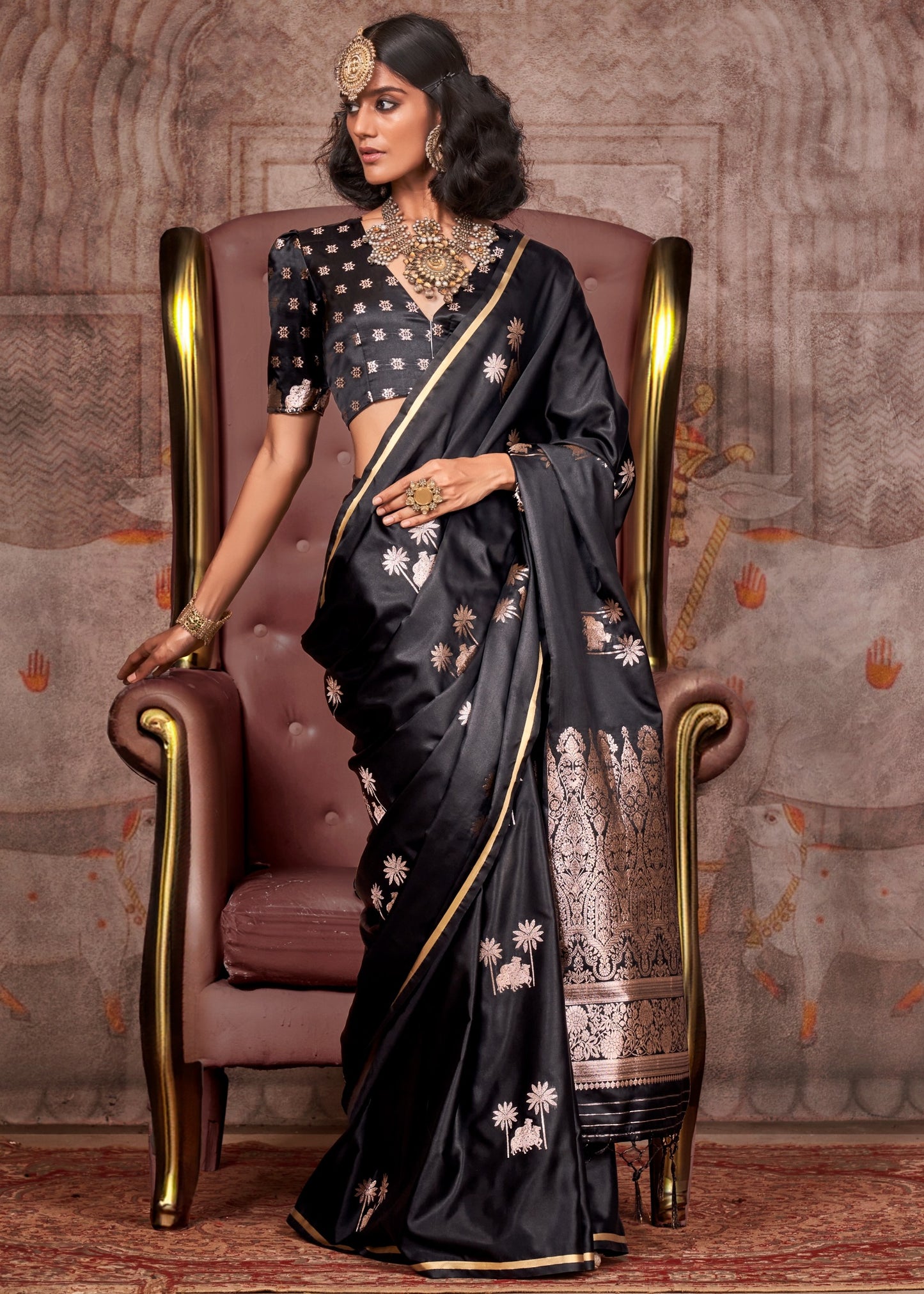 Pure Handloom Banarasi Satin Silk Jet Black Saree