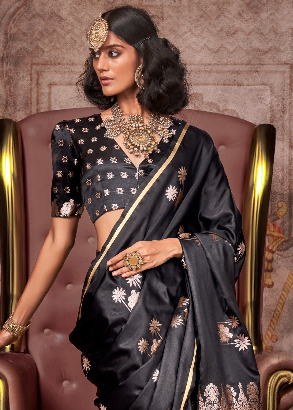 Pure Handloom Banarasi Satin Silk Jet Black Saree