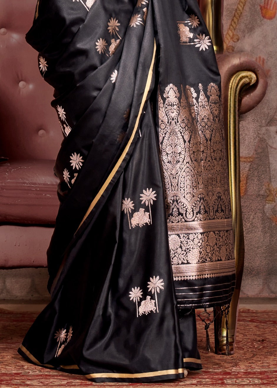 Pure Handloom Banarasi Satin Silk Jet Black Saree