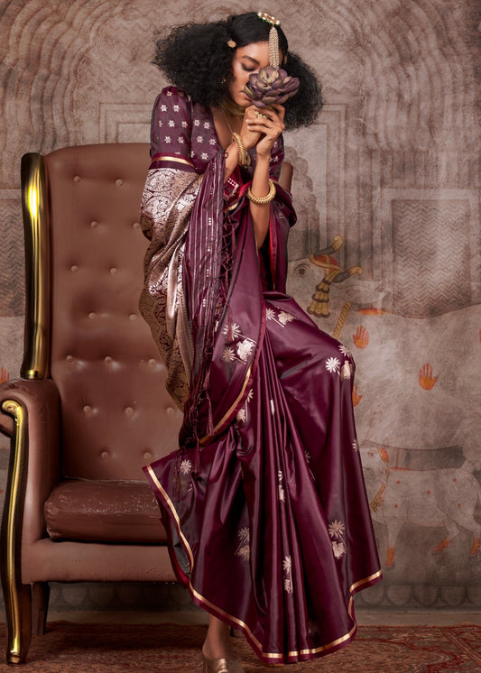 Pure Handloom Banarasi Satin Silk Wine Maroon Saree