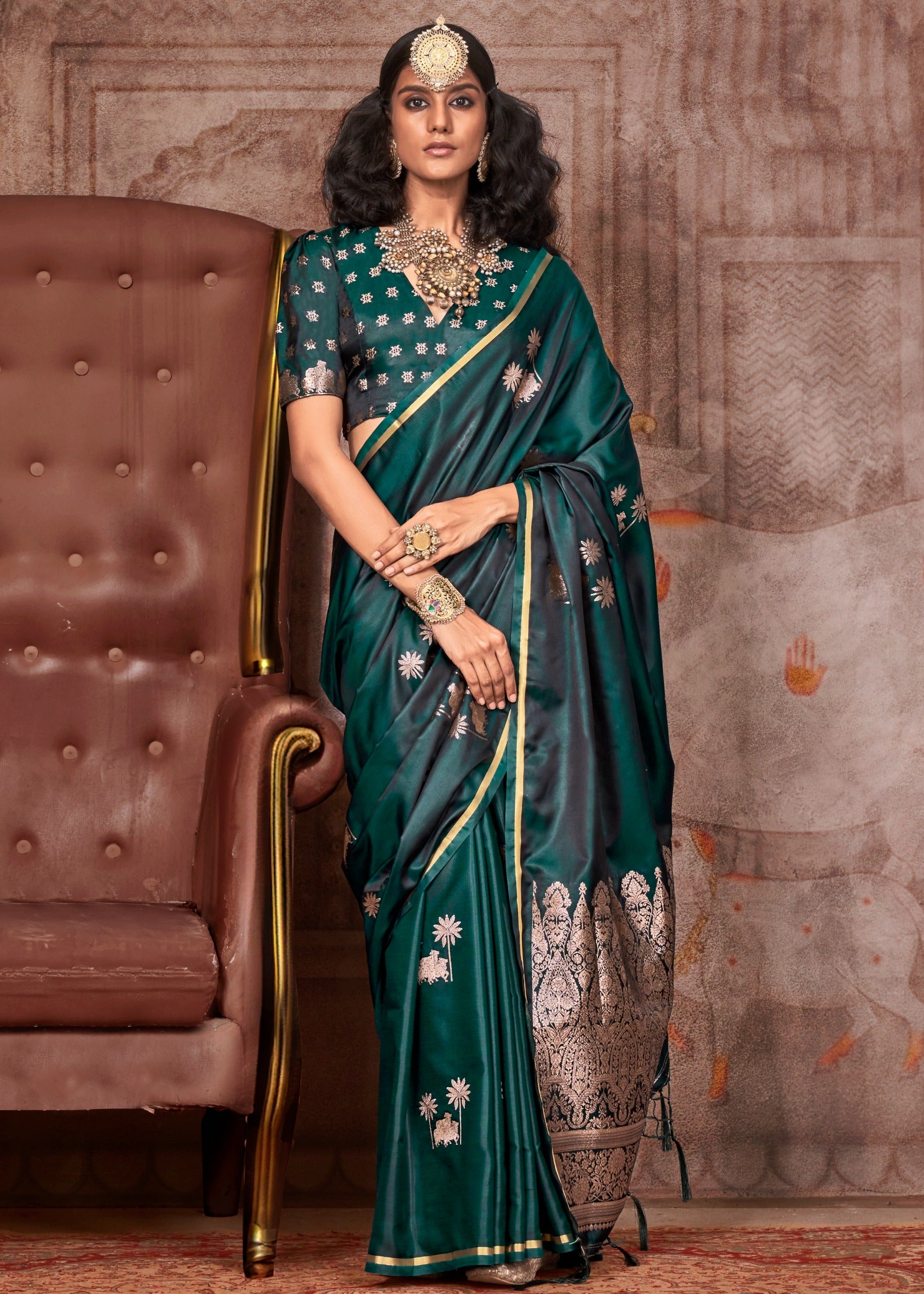Olive Green Satin Silk Handloom Banarasi Saree