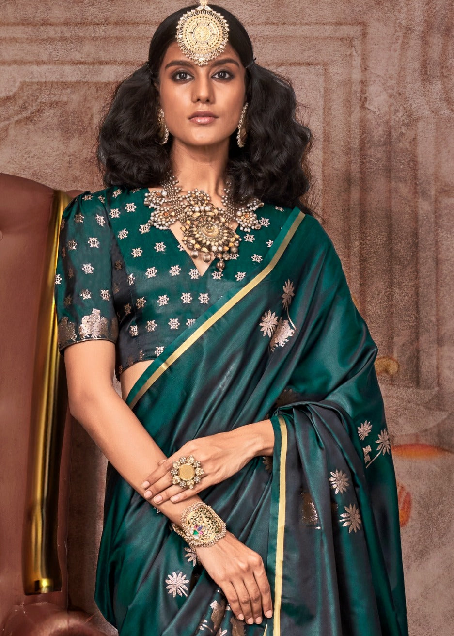 Pure Handloom Banarasi Satin Silk Dark Green Saree