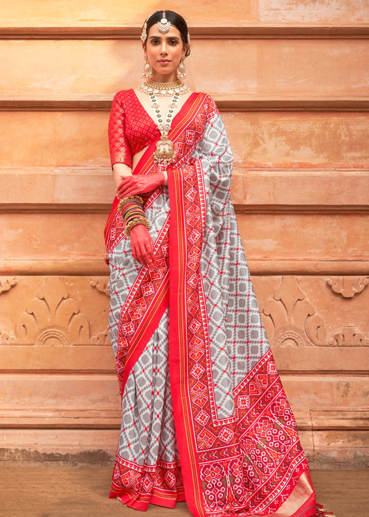 Light Grey and Red Patola Silk Saree