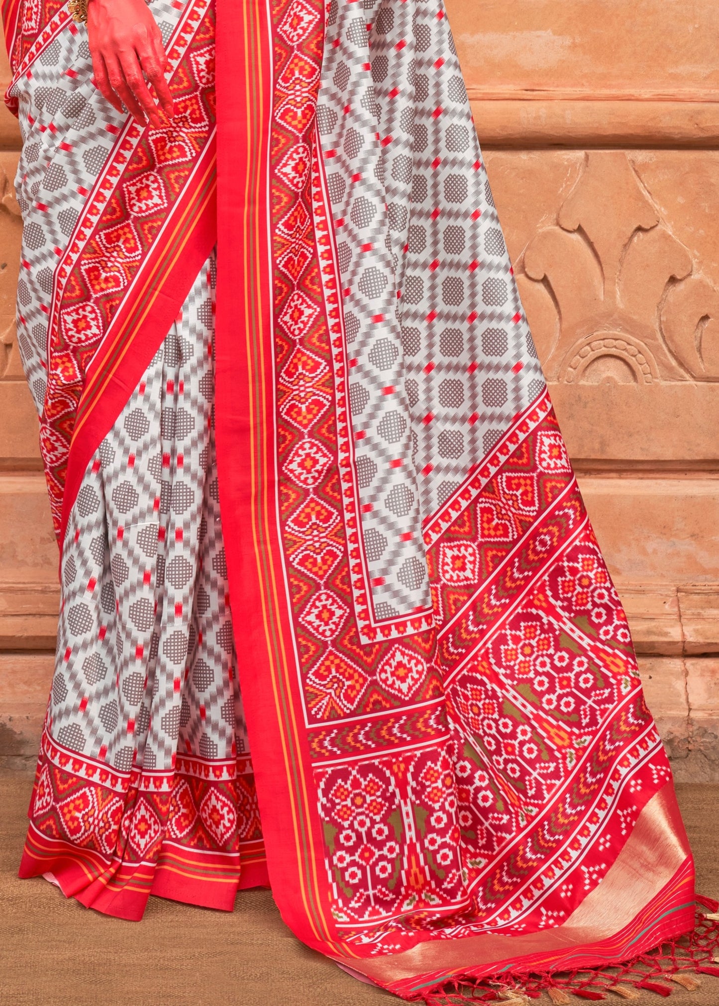 Light Grey and Red Patola Silk Saree