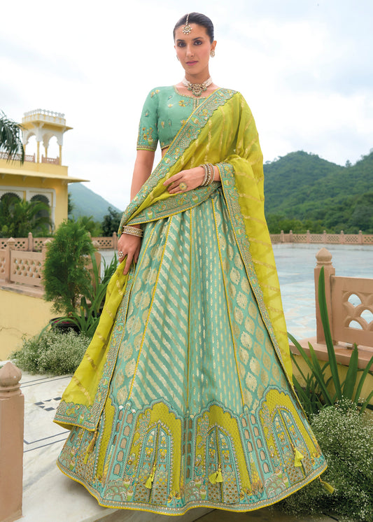 Pastel Blue and Lime Green Banarasi Silk Lehenga Choli