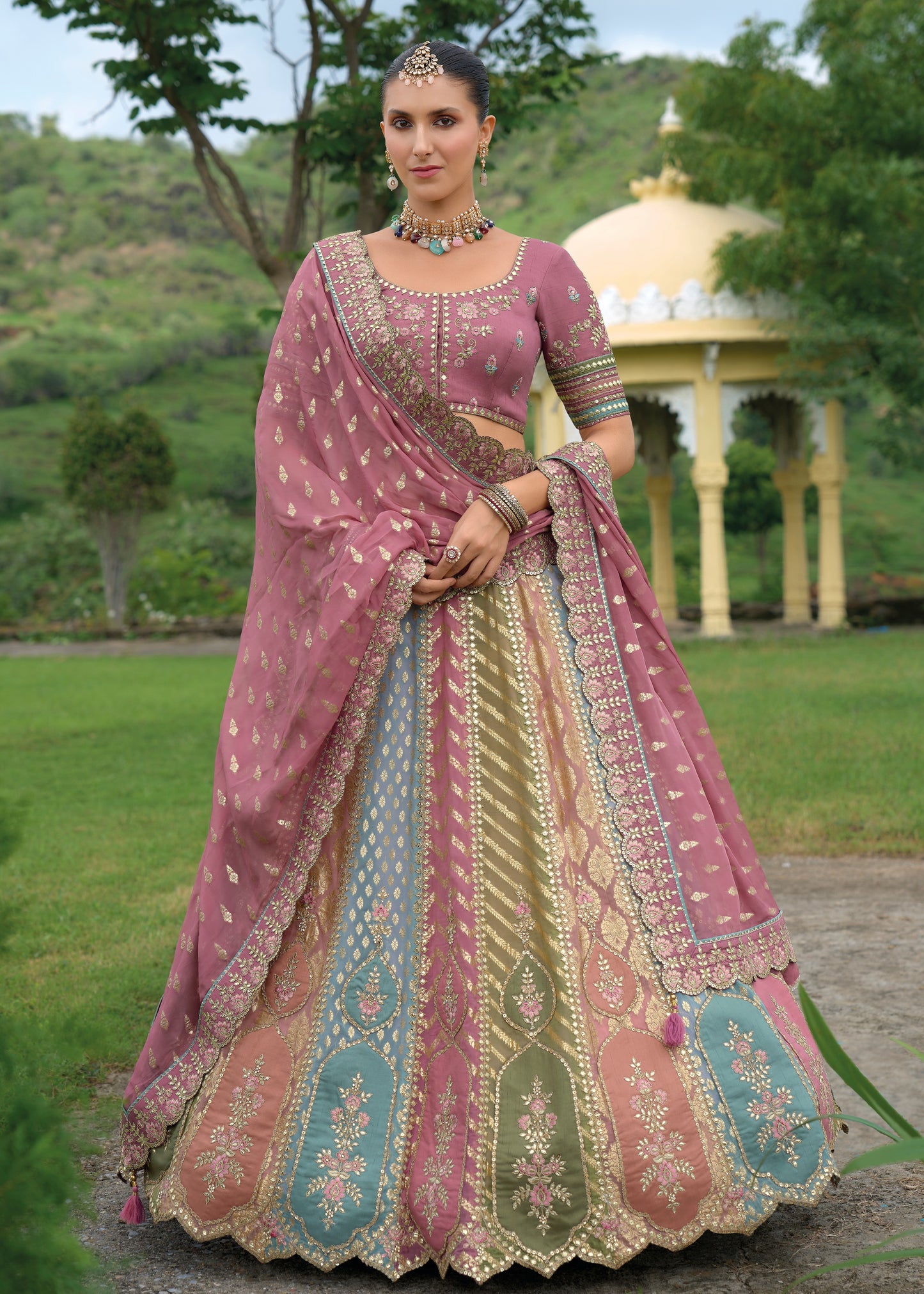 Muave Purple and Multicolor Banarasi Silk Lehenga Choli