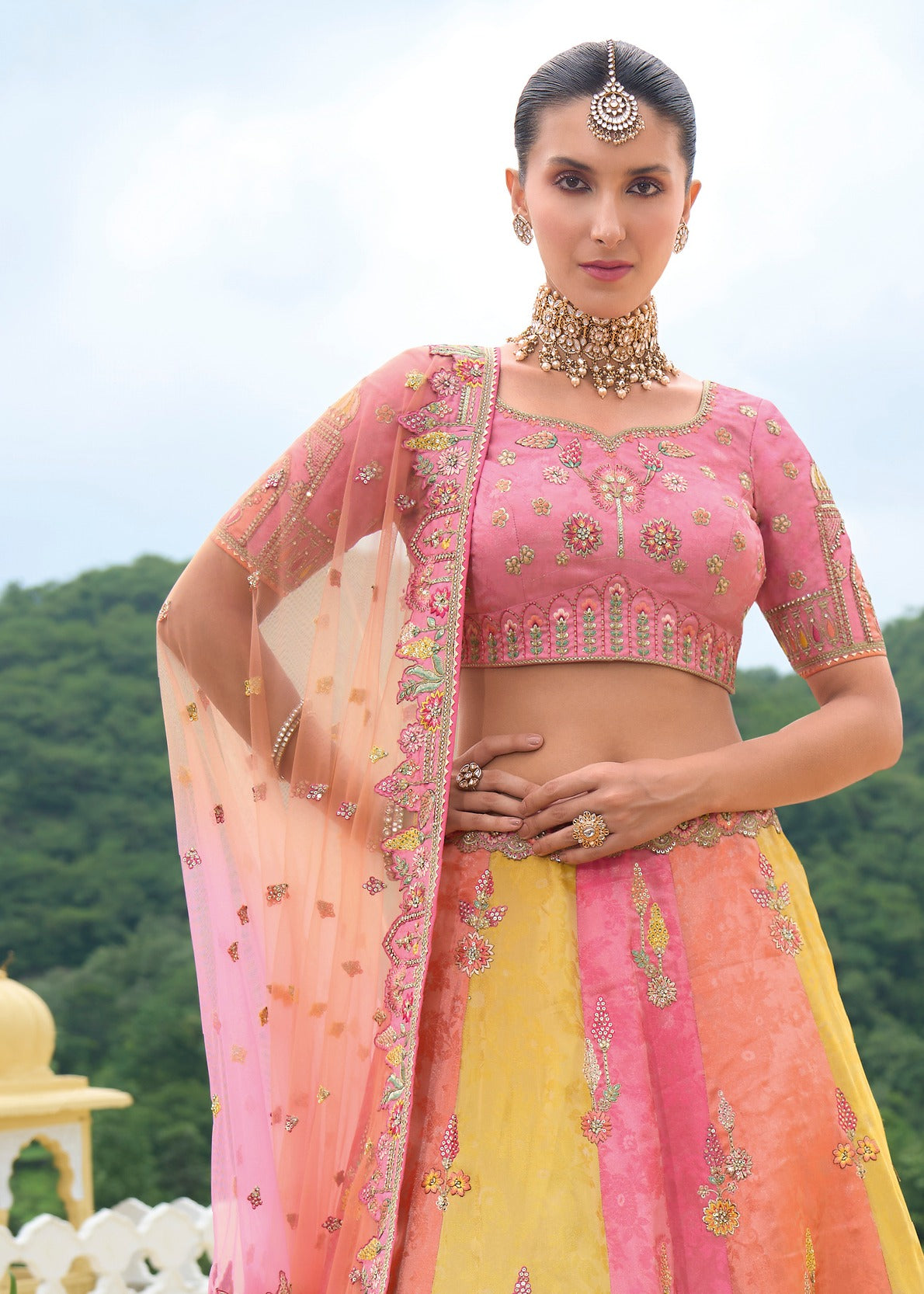 Pink Multicolor Banarasi Silk Lehenga Choli