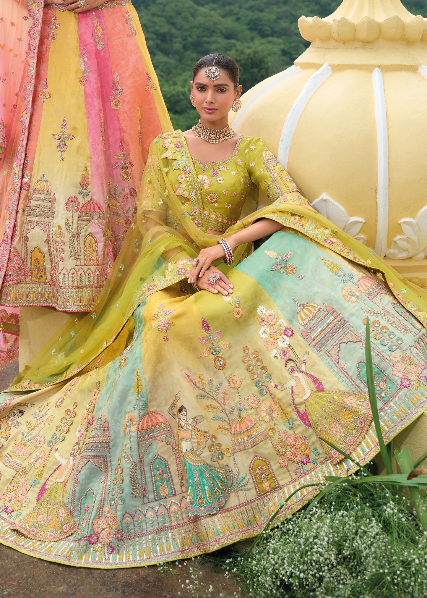 Green Multicolor Banarasi Silk Lehenga Choli